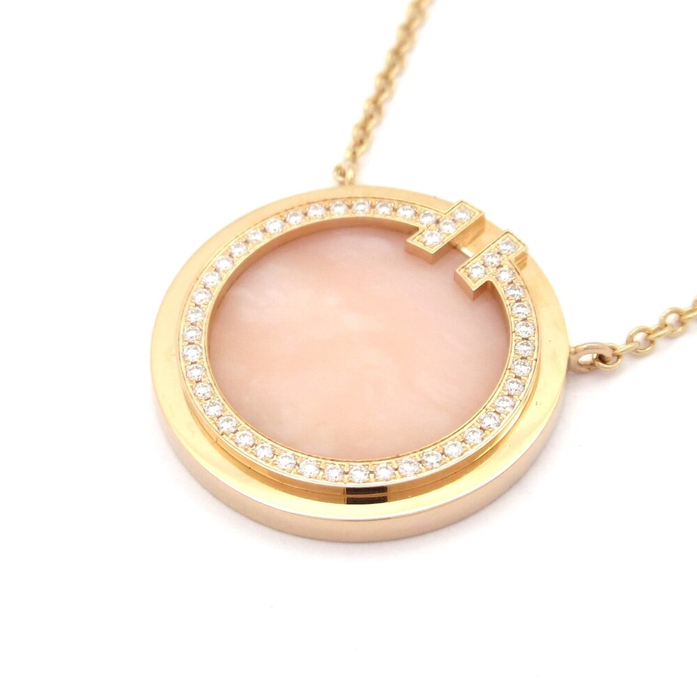 Tiffany & Co. T Two Circle Pendant Necklace 18K Rose Gold Pink Opal Diamond